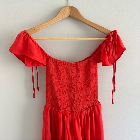 3/$20⚡️ Windsor Red Off The Shoulder Romper Flowy Arm Tie Ring The Alarm Smocked - Picture 8 of 12
